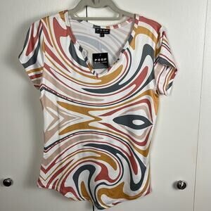 Poof Women's T-shirt Top Large White Gold Rose Swirls Short Sleeve V Neck